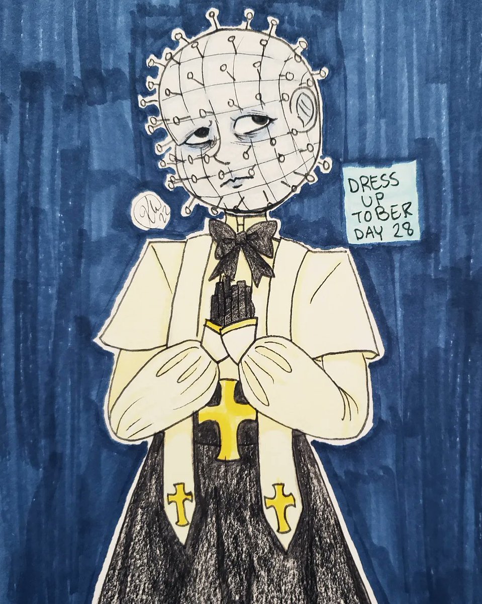ridermatsu's tweet photo. [#dressuptober] Day 28: Blasphemous Priest 🖤
Featuring #pinhead from #Hellraiser !
#Dressuptober2022 #octoberartchallenge #fanart #hellraiserfanart #hellpriest #elliotspencer #traditionalart #artistsontwitter #illustration #mixedmedia https://t.co/nsPZ1N1FzB