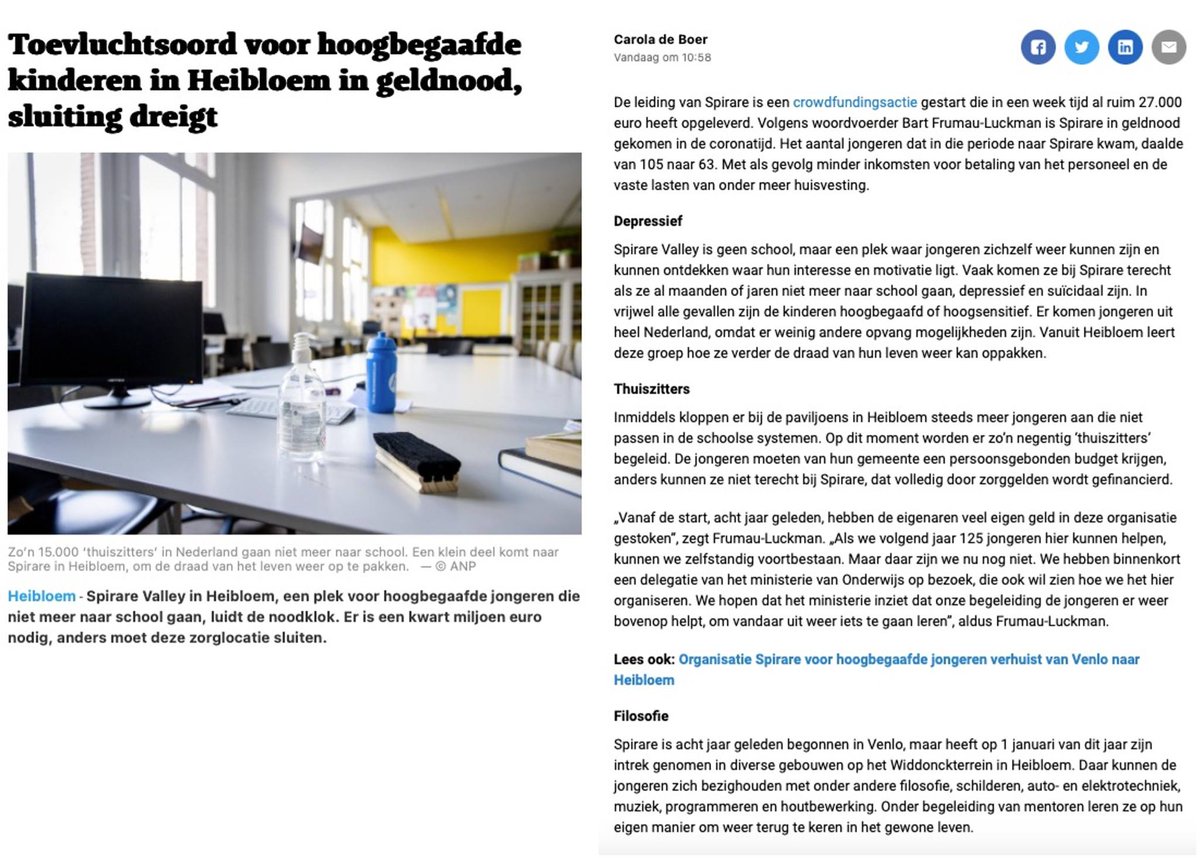 Toevluchtsoord voor hoogbegaafde kinderen in Heibloem in geldnood, sluiting dreigt. Laten we dit in Nederland gebeuren? 

Wil je doneren of meer informatie over de crowdfundingsactie en/of Spirare, ga naar: 
spirare.org/hartvoorspirare

Lees artikel in het Dagblad de Limburger.