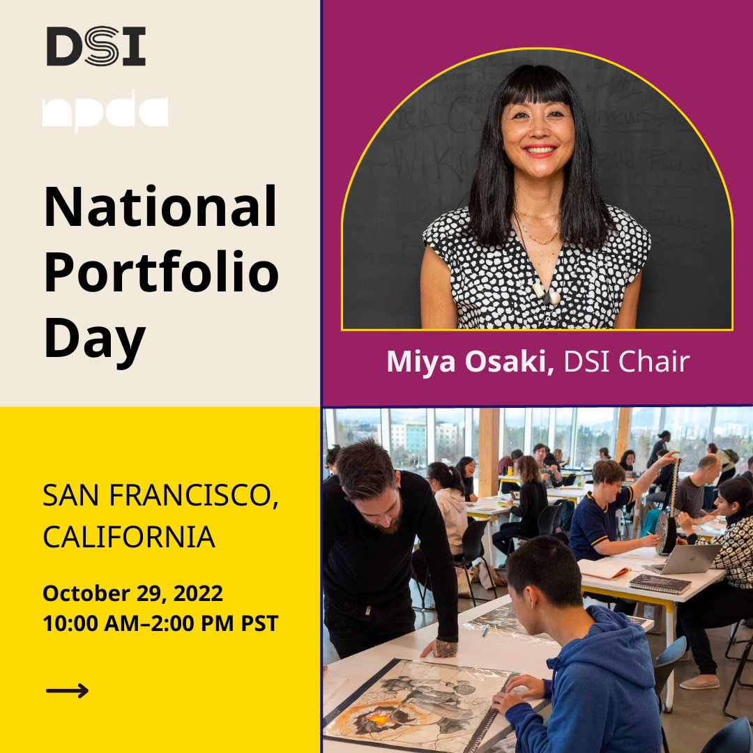 Get your portfolios reviewed by our Chair, Miya Osaki who will be at the California College of the Arts, San Francisco.

Sign up for free portfolio reviews to take your future in art and design mastery above and beyond 🚀
-
Register now at nationalportfolioday.org