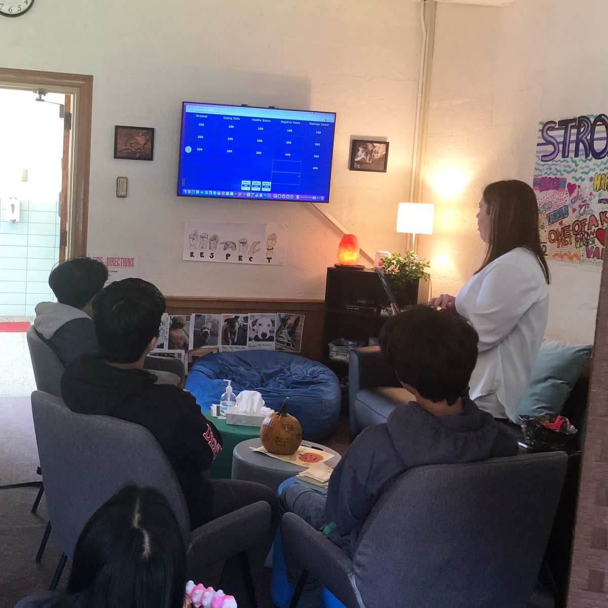 NVRHS_Wellness's tweet photo. @K_Delventhal and Ms. Bajakian hosted Trivia or Treat 🍭🎃 in the NVD Wellness Ctr today. We had a blast playing jeopardy, and our students really knew their #mentalhealth facts! https://t.co/pXHsq4h116