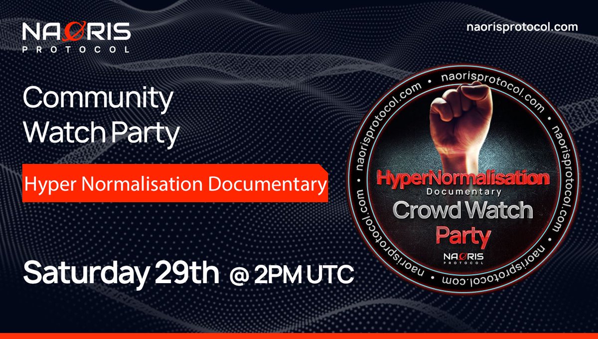 NaorisProtocol's tweet image. Watch the #Hypernormalization documentary with #NaorisProtocol tomorrow, Saturday 29th of October, @ 2 pm UTC! 🍿🎉🍾

Join us a claim the relevant community NFT! 😎
#POAP

The Watch Party will be hosted on our Discord server! 👇
discord.gg/naorisprotocol