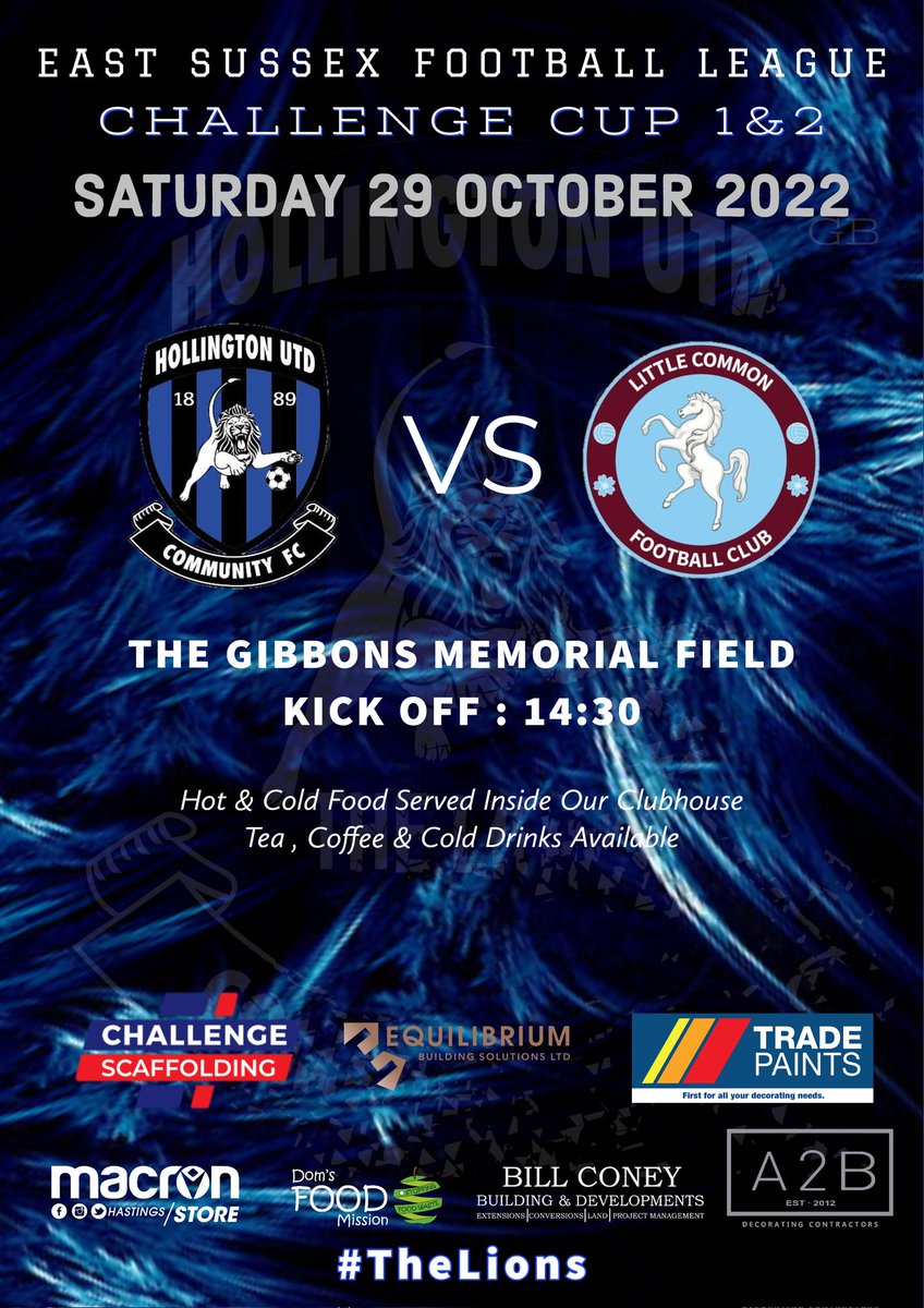 𝙏𝙊𝙈𝙊𝙍𝙍𝙊𝙒 | ⏩

#ESFL 

🏆 <a href="/MacronESFL/">MSH - East Sussex Football League</a> CHALLENGE CUP DIVISION 1&amp;2
📆 Saturday 29th October 2022
🆚 <a href="/LittleCommonII/">Little Common 2nds</a>
🏟 The Gibbons Memorial Field 
🕒 14:30

#TheLions 🦁