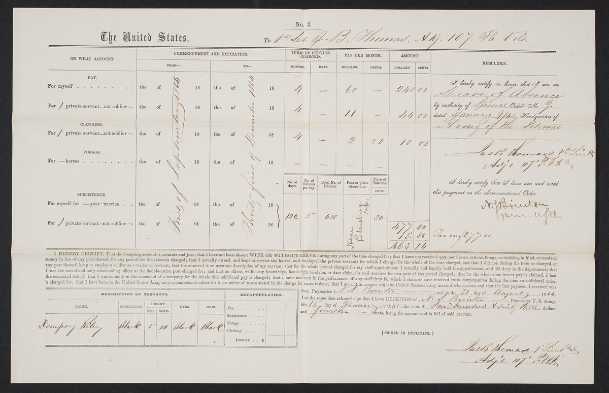 Voucher for Union officer with description of 'private servant' Dempsy Riley, 1865 #museumarchive #africanamericanhistory nmaahc.si.edu/object/nmaahc_…