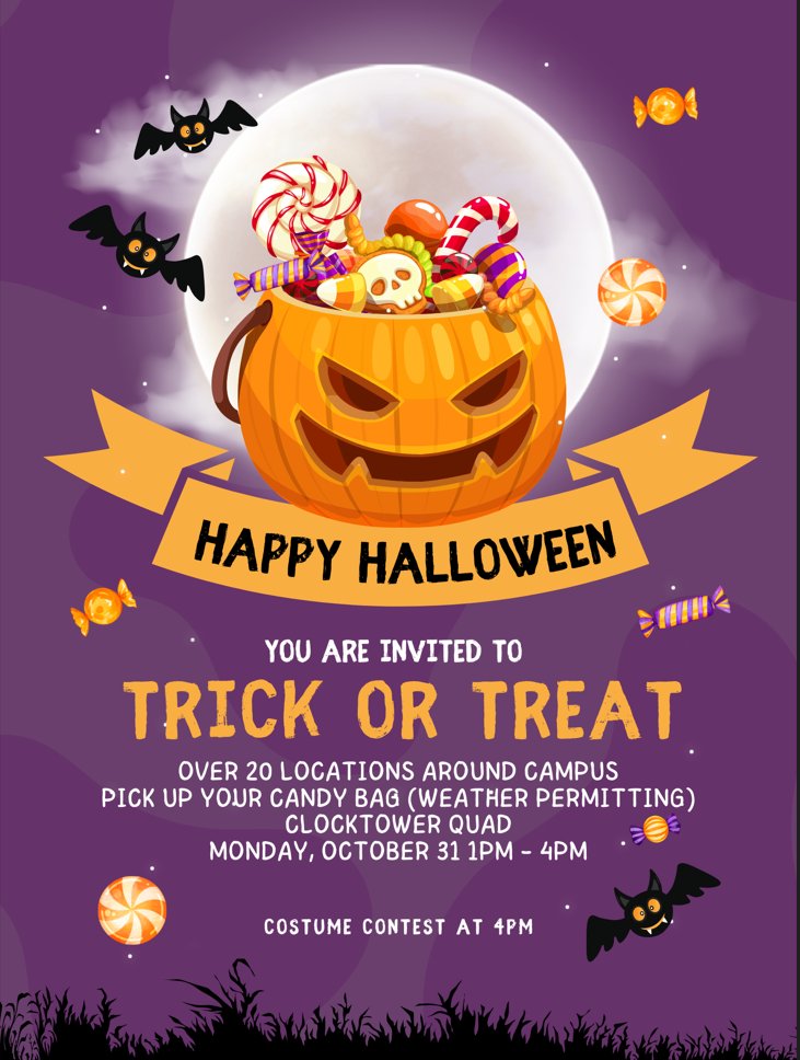 NC_SGA's tweet photo. Campus wide Trick or Treat Event! Coming Monday, October 31st https://t.co/evDJ6aOSUH
