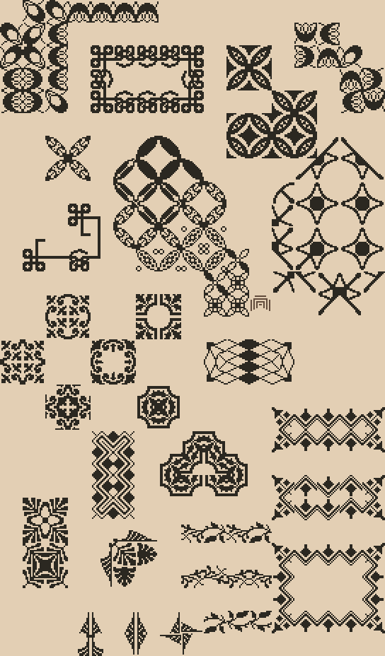 iconolocode's tweet photo. Pixel art versions of historical modular metal type ornaments. Using here as a "paper letterpress emulator" the lvllvl editor which is intended for retro #textmode. I'm still expanding it and researching fleuron type specimens. Thinking about including some old dingbats too. https://t.co/RfQwycp5oX