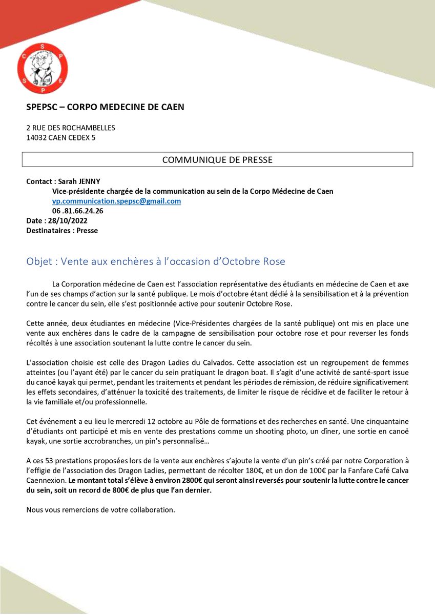 Le 12 octobre dernier se tenait une vente aux enchères dans le cadre de la campagne de sensibilisation contre le cancer du sein d'octobre rose. Grâce aux dons des adhérents, nous avons récolté 2800€, fonds qui seront entièrement reversés à l'association Dragon Ladies.