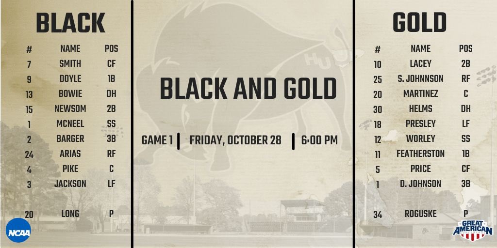Harding_Base's tweet photo. 🚨GAMEDAY🚨

Check out the starting lineups for Game 1 of our Black and Gold World Series!

⏰: 6:00pm

📍: JERRY MOORE FIELD

#FAMILY https://t.co/Qv5JEwBVbZ