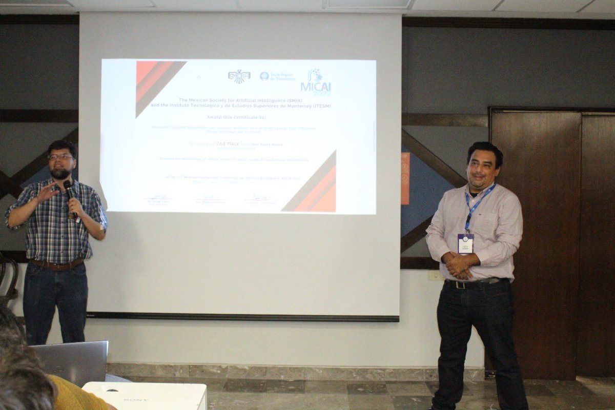 smia_mx's tweet photo. 🔴 21 st Mexican International Conference on Artificial Intelligence

SMIA President, Francisco Hiram Calvo Castro (@frantishek), awarded the best papers awards presented at #MICAI2022 🥇🥈🥉

Congratulations to all the awardees 🎉👏🏼 https://t.co/hx9dRG6yaG