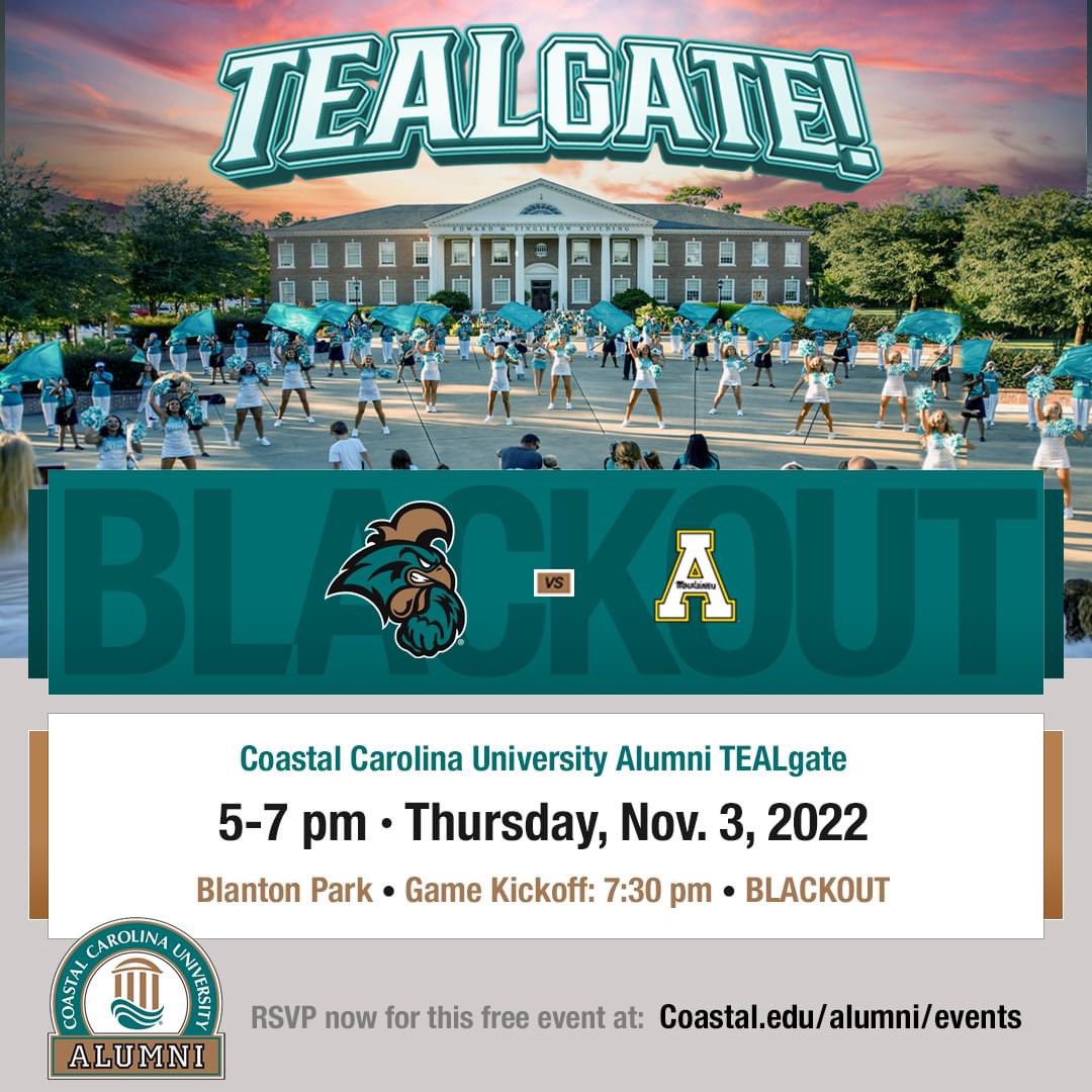 CoastalAlumni's tweet photo. It's TEALgate time again! 👌🏽 RSVP now and pregame with us 5-7 pm before our Sun Belt Conference matchup with App State. 😤 Visit https://t.co/osNihI23K6 to reserve your spot! #CCU #ccualumni #tealgate #BeatAppState https://t.co/0h48Ety0UR