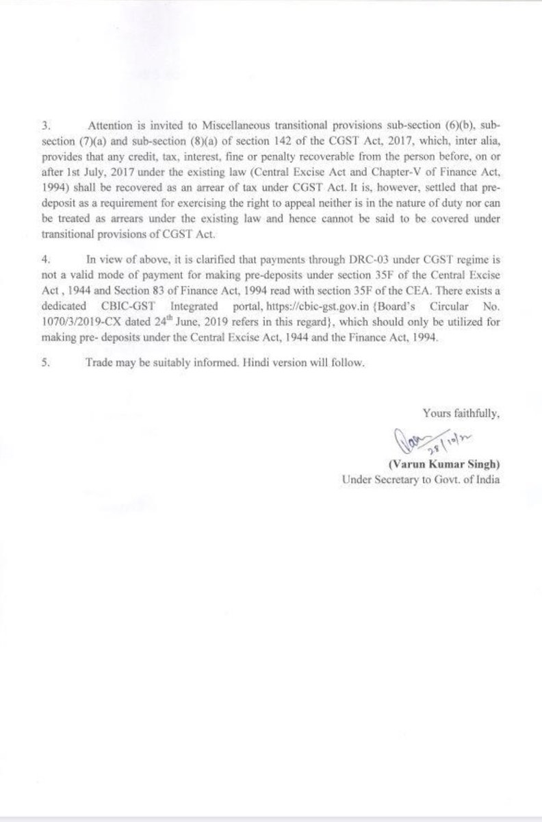 Jatin_Harjai's tweet photo. Payment made through GST DRC-03 is not valid mode for payment of pre-deposit for filing of appeal against orders passed under excise /service tax law.

CBIC Instruction 240137/14/2022 Dt. 28.10.2022 https://t.co/PJ0cNkMxF8