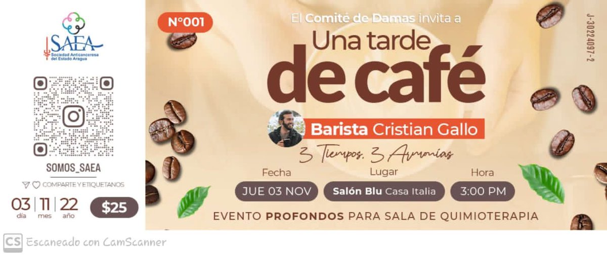 Disfruta una tarde de buen café y apoya una loable causa. Los amigos de la Sociedad Anticancerosa del estado Aragua,  <a href="/somos_saea/">Sociedad Anticancerosa de Aragua</a>  invitan actividad, pro fondos de la Sala de Quimioterapia. 
Cuándo: 3 de noviembre 2022.
Dónde: Salón Blu Casa de Italia de Maracay.
Hora: 3:00 p.m