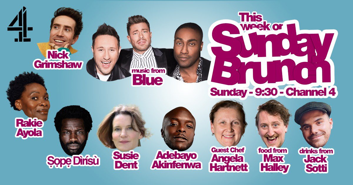 On this week’s #SundayBrunch we have @grimmers, @RakieAyola, @susie_dent @RealAkinfenwa, and @sopedirisu! ✨ Food from #MaxHalley 🥪 Drinks from @jacksotti🍹🎃 GUEST CHEF @AngelaHartnett 🥘 PLUS LIVE MUSIC 🎶 from @officialblue 🔵 9:30am on @Channel4! 🙌 ⁣