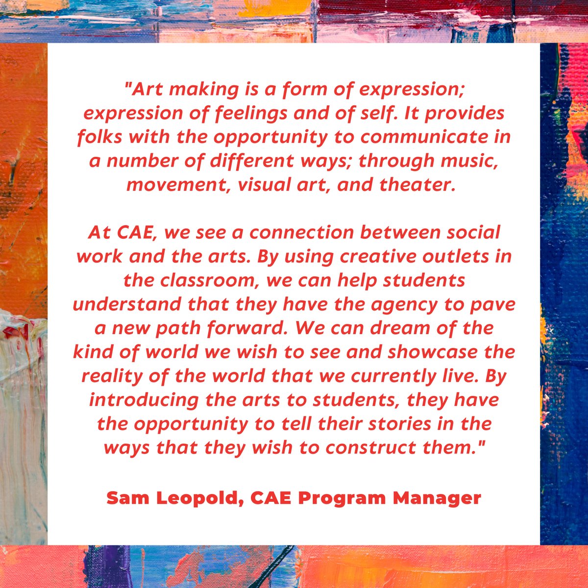 This Summer, our Teaching Artists participated in an educational and impactful training on Arts &amp; Healing! Swipe to hear more from our amazing Program Manager, Sam Leopold, on how participating in the arts helps us express ourselves and its connection with social work!
