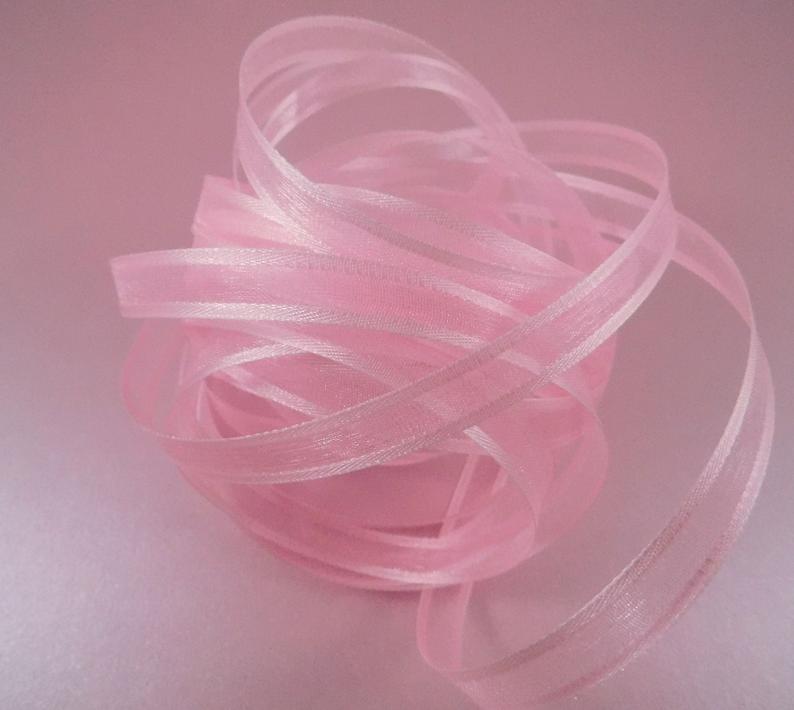 Pink Sheer Ribbon with Solid Satin Edges 5 Yards Organza 3/8 inch organdy scrapbooking cards sewing bows packages bouquets wreaths crafts #creativebounty #scrapbooksuppliesandmore #pinksheerribbonsolidsatinedges #organzaribbon  etsy.me/3aT2dI2