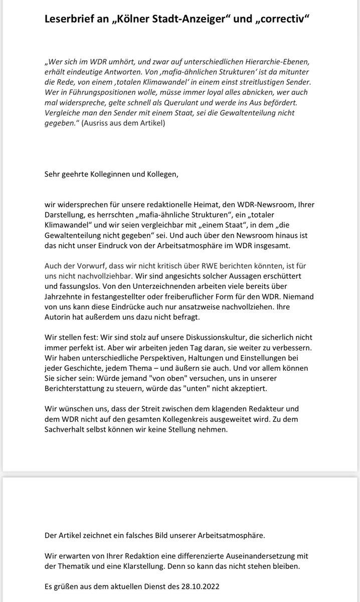 Leserbrief von fast 100 Mitarbeitenden des aktuellen Dienstes im WDR-Newsroom an den <a href="/KSTA/">Kölner Stadt-Anzeiger</a> und <a href="/correctiv_org/">CORRECTIV</a> zur jüngsten Berichterstattung.