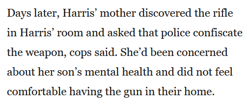 My God. He couldn't buy gun from licensed gun dealer (but was able to buy anyway). Mom then called authorities, worried (what do moms know?). This being America, the important thing is that this school shooter was able to buy and keep and use his gun! nydailynews.com/news/crime/ny-…