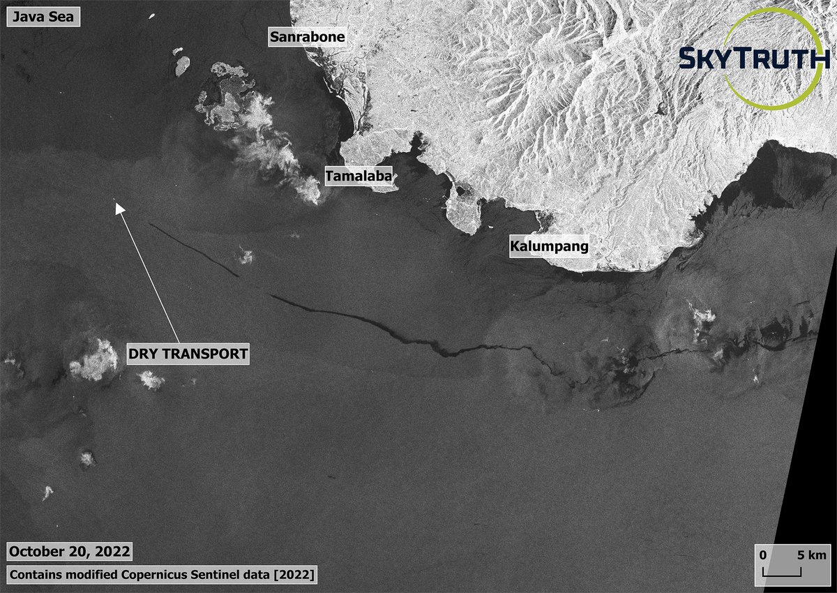 SkyTruth's tweet image. 🚨 A large #slick apparently coming from DRY TRANSPORT—an Indonesian bulk carrier vessel—spotted in the #JavaSea on Oct. 20. The ship was en route to the port of Tanjung Pemancingan, Indonesia. 🚨 #SkyTruthAlerts

See DRY TRANSPORT's #AIS whereabouts 👀 bit.ly/3sGbpZv