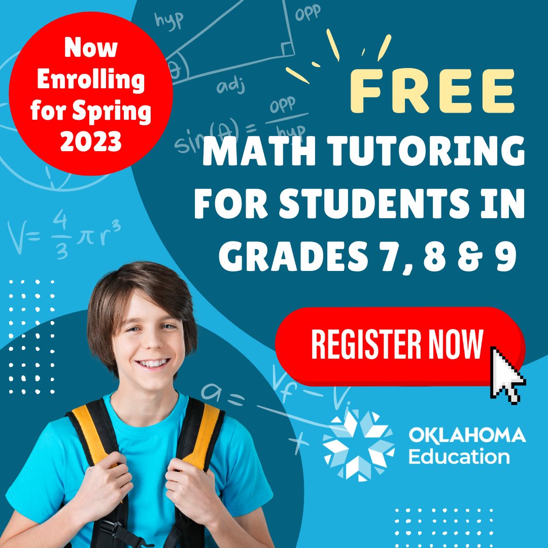 oksde's tweet photo. Registration is now open for the Spring 2023 Oklahoma Math Tutoring Corps, a math tutoring program for Oklahoma public school students in grades 7-9. No cost to participate! #oklaed #OKMath
View details and register for virtual info mtgs to learn more: https://t.co/QoLUFJJ0Ni https://t.co/aF1PMn0TRX
