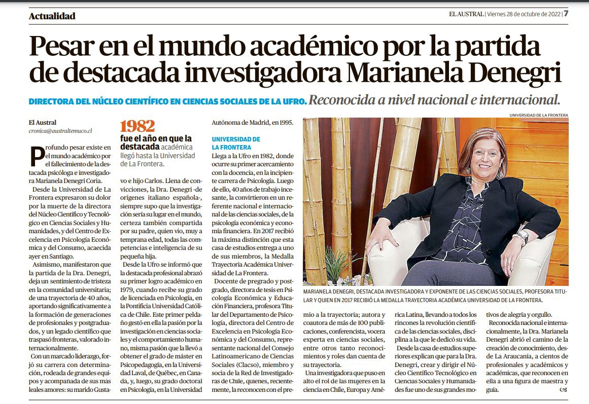 Pesar en el mundo académico por la partida de destacada investigadora Dra. Marianela Denegri Coria <a href="/soydenegri/">Marianela Denegri</a> <a href="/UFrontera/">UFRO</a> 
Nota en el diario El Austral de Temuco
