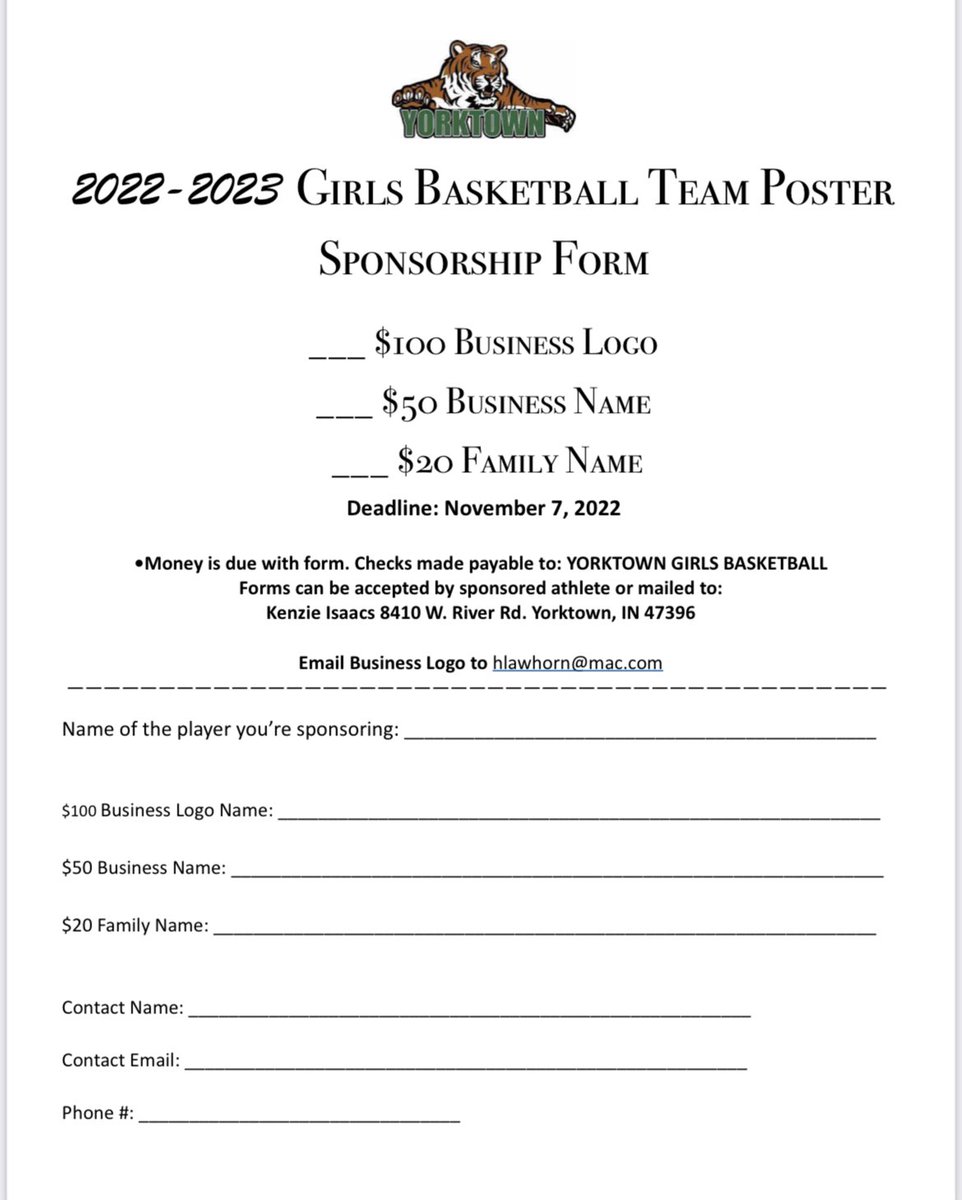 A great opportunity to support the Yorktown Lady Tigers basketball program. We would ❤️ to add your name and/or image to our team poster featuring these hardworking athletes. Interested? Let us know. Can’t help? Share with someone who can. These girls appreciate the support. 🐅