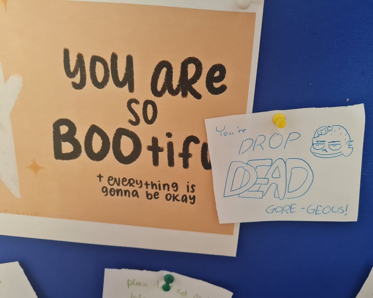 KevinDowling19's tweet photo. Our Spooky Learning Leaders 👻🎃 brought some Halloween fun and positivity to the corridors this week with their Compliments board and 5 word stories 👻🎃🧙‍♀️💀 @stjosephsrush @CBlearninghub @PresWexHub @ciaranreade @JCforTeachers @NAPD_IE @baleshales @LouiseNiChon https://t.co/EQxXcIgeiT