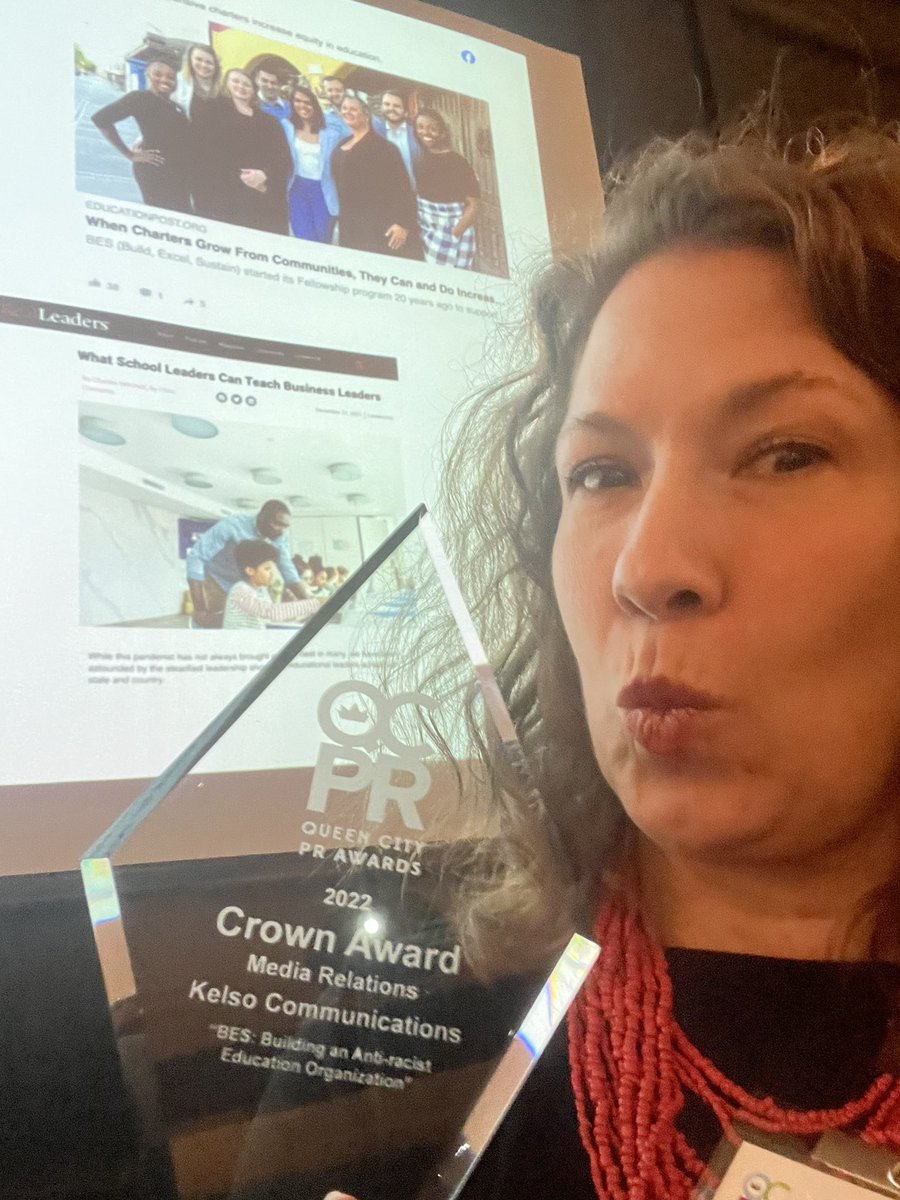 dee_grano's tweet photo. It looks like I’m kissing my award, but really I am blowing a smooch to my PR partner in crime @katyraybelle. This one’s for me and you! #prsaclt https://t.co/EeYQgG4Pnd