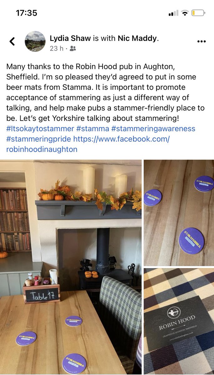 The @stammer beer mats have ventured into Sheffield. Thanks to the lovely Lydia for being kind enough to take them to the Robin Hood pub, Aughton #ItsHowWeTalk