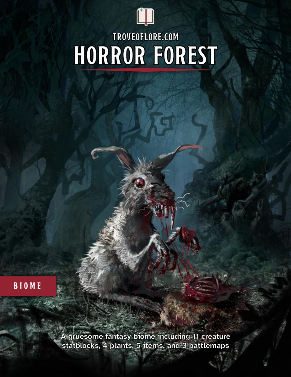 troveoflore's tweet photo. 🧟Horror Forest🌲

A gruesome fantasy biome

💀11 creature statblocks
🌿4 plants
⚔️5 items
🌪️1 natural hazard
🗺️3 battlemaps by @onestoponeshots 

📖26 pages

✨In collaboration with
@TomeOfGutz 
@dm_hagiologist 
@CerealDm 

🧵 for full content, 🆓PDF, and more👇 https://t.co/8Y6M07B10i