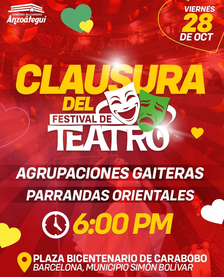 Te invitamos a que asistas, junto a toda la familia, a darle la bienvenida a la navidad en la clausura del Festival de Teatro "Anzoátegui Te Enamora" 

La cita es este #28OCT, a las 6:00 de la tarde, en la plaza Bicentenario de Carabobo, de #Barcelona.

¡Te esperamos!