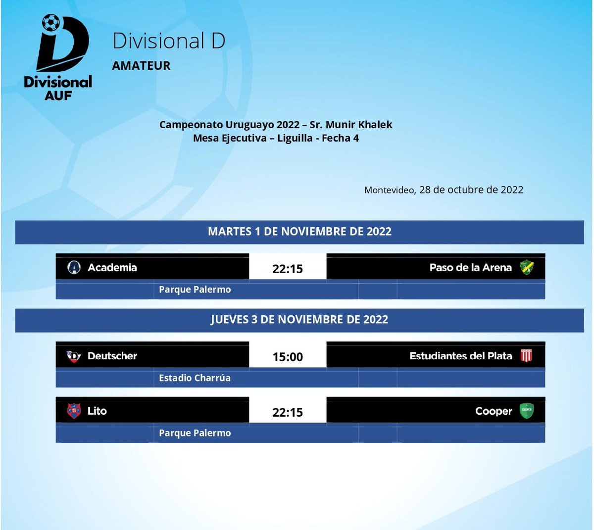 🗓️ 𝗬 𝘀𝗲 𝘃𝗶𝗲𝗻𝗲 𝗼𝘁𝗿𝗮 

La Mesa Ejecutiva comunicó los detalles de la fecha 4️⃣ de la Liguilla para los días martes 1° y jueves 3 de noviembre.

#DivisionalD