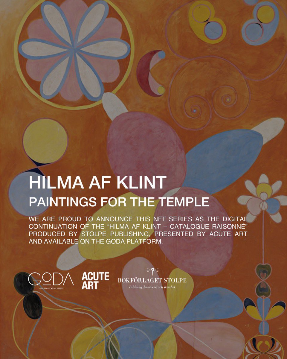 TheGoda_io's tweet photo. We are proud to announce the digital continuation of the “Hilma af Klint – catalogue raisonné” produced by Stolpe Publishing with the endorsement of the Hilma af Klint Foundation, presented by Acute Art and available on the GODA platform. https://t.co/xJ3vWHreU1