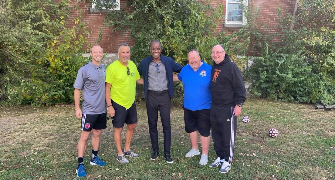 New Dimensions Soccer visited by (left to right) Brad Gieske, MYSA Outreach Coordinator, Tom Michler, Exec. Direct. New Dimensions Soccer, Ed Foster-Simeon, Pres, US Soccer Found., Nik Bushell, MYSA Direct, Tim Tettamble, Brd Pres. New Dimensions Soccer at our fall soccer league.
