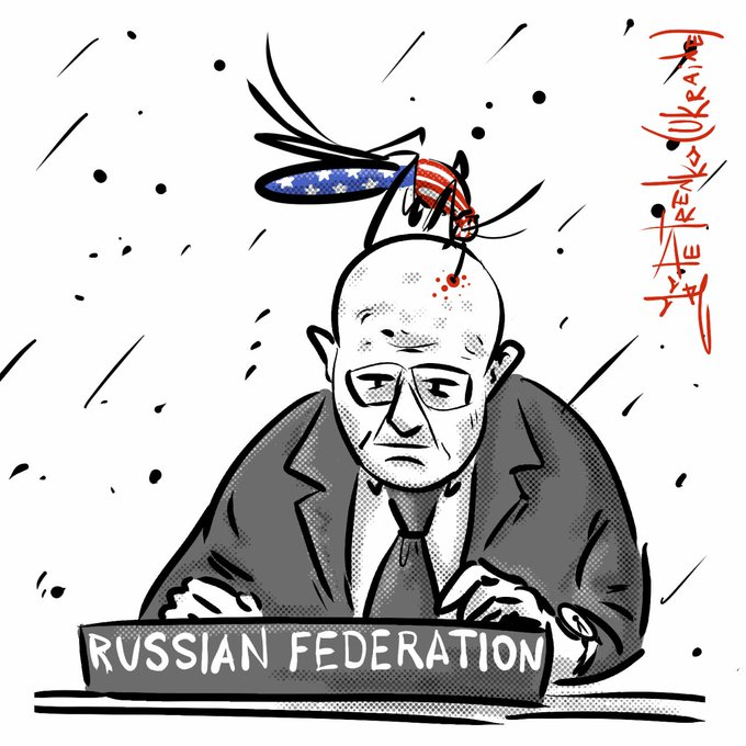NaziDemolisher's tweet photo. Russian orc Nebenzya told during UN session about USA-bred fighter-mosquitos contaminated with chemical warfare agents. This is not a joke. Russians are crazy bastards. https://t.co/HNfpBVSuCw