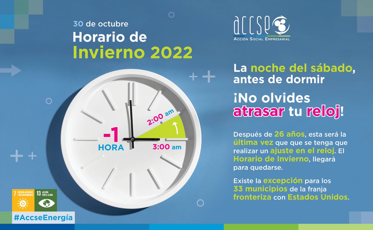 #30deoctubre inicia #HorariodeInvierno
🇲🇽⏰☀️
#QueNoSeTePase
#AccseEnergía #AccseMedioAmbiente #RSE #ESR #ESG #GeneraciónRestauración #AhorroEnergético #sostenibilidad #ecología #medioambiente #Energía #CambioClimático #ConsumoResponsable #CambiodeHorario #HorariodeInvierno