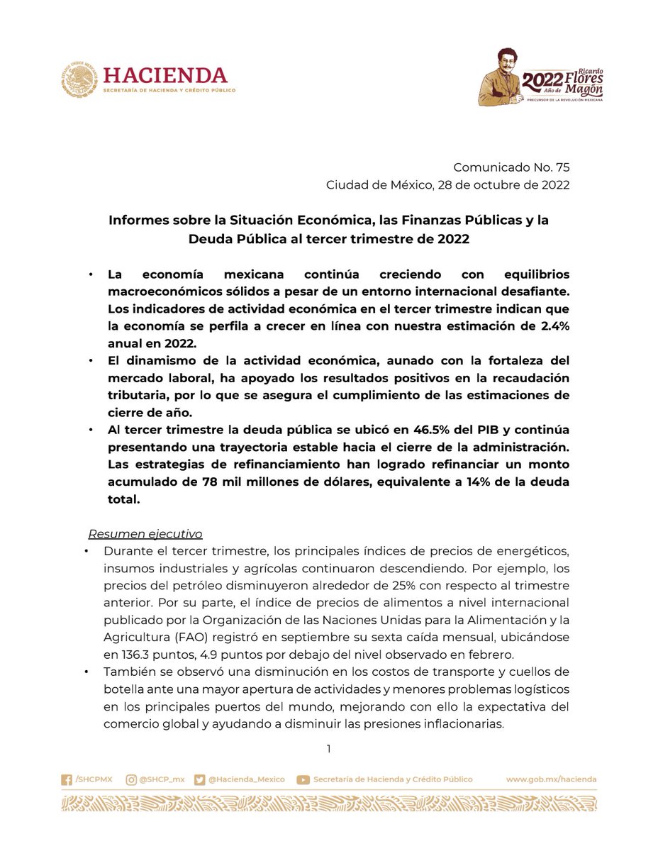 Informes sobre la Situación Económica, las Finanzas Públicas y la Deuda Pública al tercer trimestre de 2022.

bit.ly/3TU3T9G