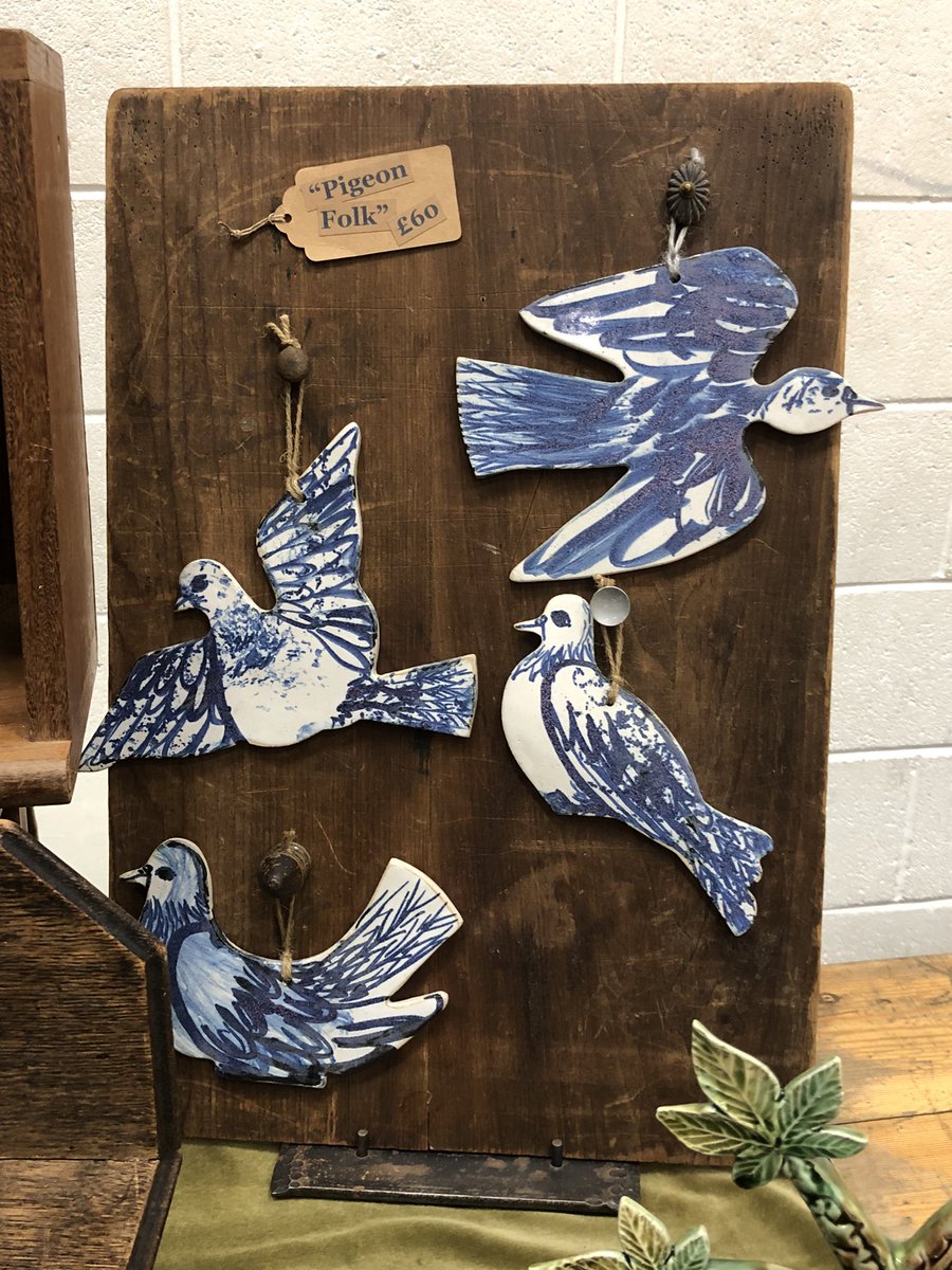 “PIGEON FOLK” inspired by Folk Art. Wall hung. Showing at the Oxford Ceramics Fair this weekend. #pigeons #folkart #Folkart #cpa #CPA #birds #ceramic #Oxford #Oxfordshire #pigeon #tinglaze #blueandwhitepottery #country #rustic