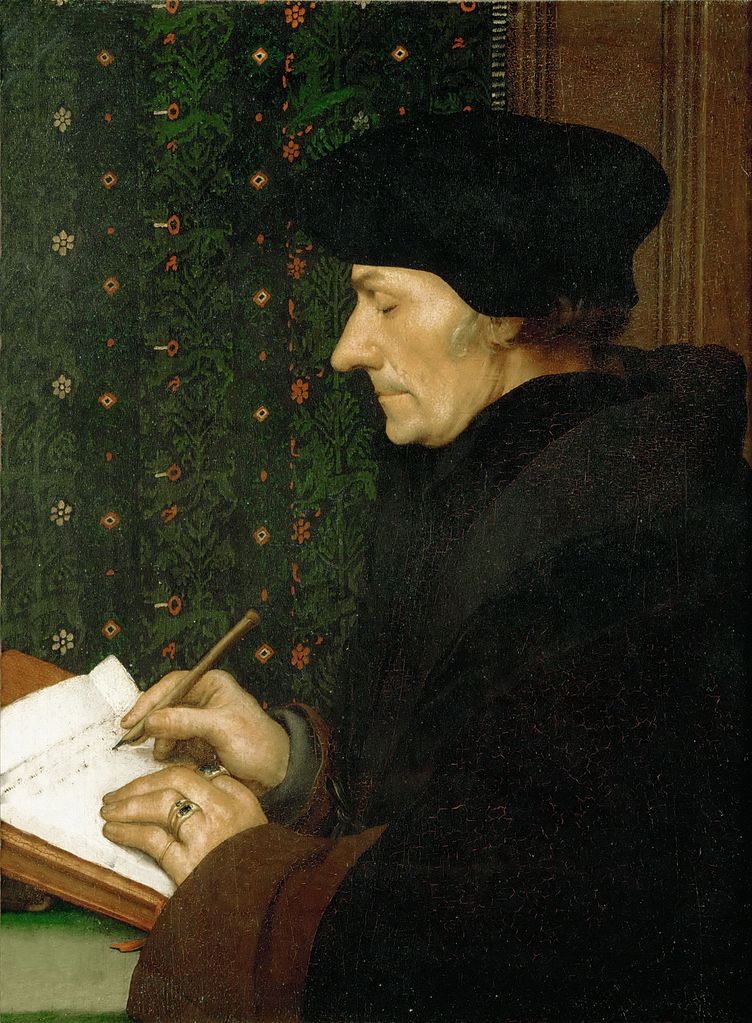 The great humanist by the great portraitist: Erasmus of Rotterdam, painted by Hans Holbein. Erasmus was born on this day in 1466.
