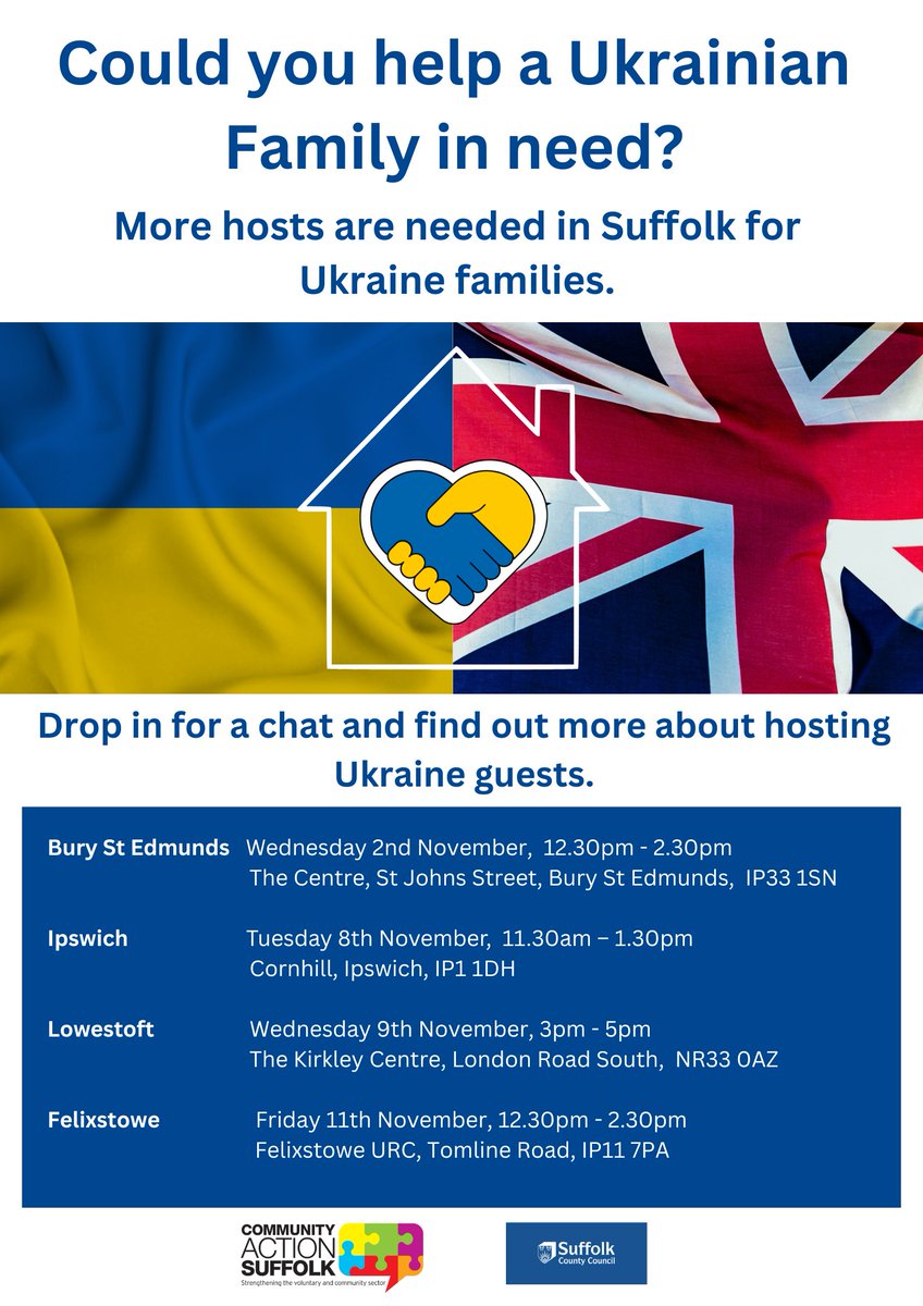 Could you help? More hosts are needed for Ukrainian families in Suffolk.

Drop in for a chat on Friday 11 November, 12:30pm-2:30pm at Felixstowe URC, Tomline Road to find out more.