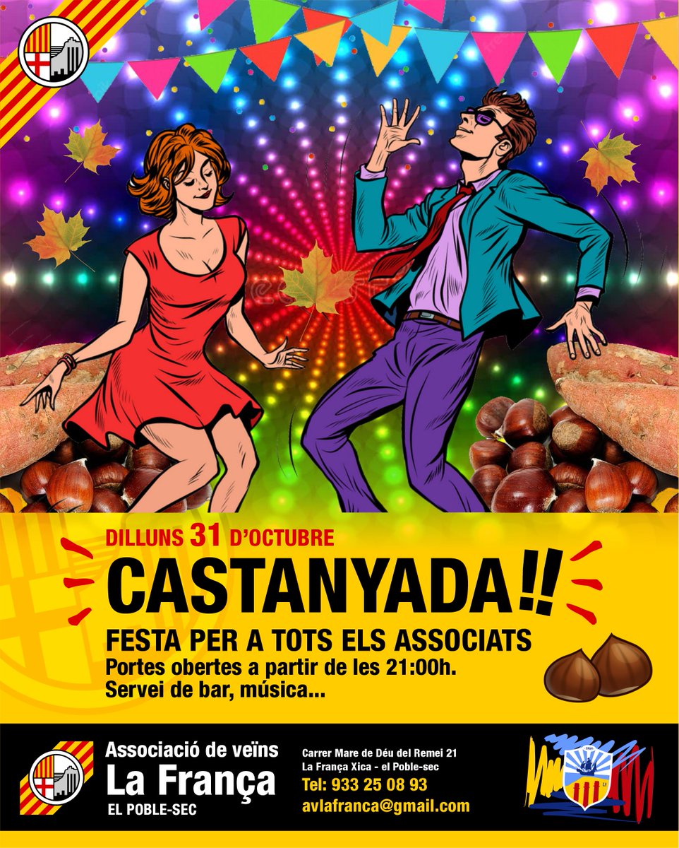 El proper dilluns 31 a l'Associació: CASTANYADA! Festa oberta a tots els socis a partir de les 21:00h amb servei de bar i música. No t'ho perdis! 💛✊➕ #avlafrança #castanyada #poblesec