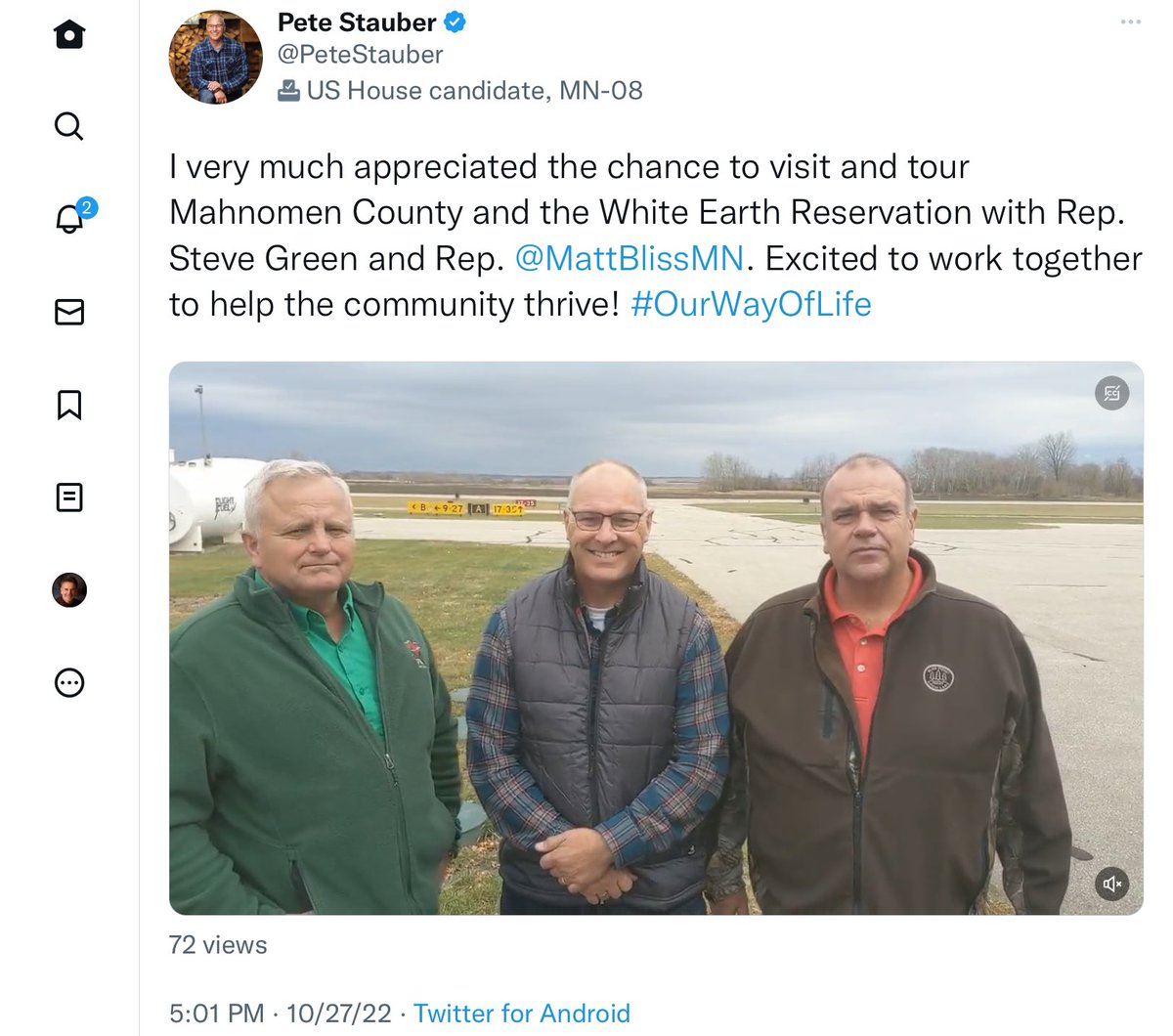 dukeduluth's tweet photo. Got this message after I posted this from @PeteStauber 
"All Pete does is visit places and tweet about them.  He votes against the things that would actually help his constituents.  The 8th District has a tour guide instead of a Congressman."
@RepPeteStauber #Vote @RepJenSchultz https://t.co/lbJy2czuKn