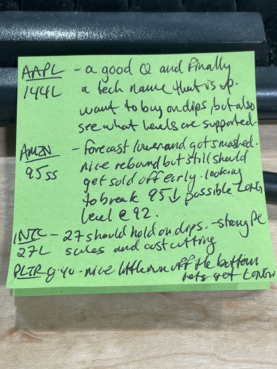 tradertvshawn's tweet photo. Good Morning Traders! 💥

#stickynote RETWEET pls!! 🙏💯

Lets see what Friday brings to the NASDAQ!!

$AAPL nice report, finally we can look LONG again, $144

$AMZN Still can look SHORT, $95, but could bounce of $92

$INTC cost cutting, looking LONG 

$PLTR $8.40 https://t.co/oWhjeaek3p