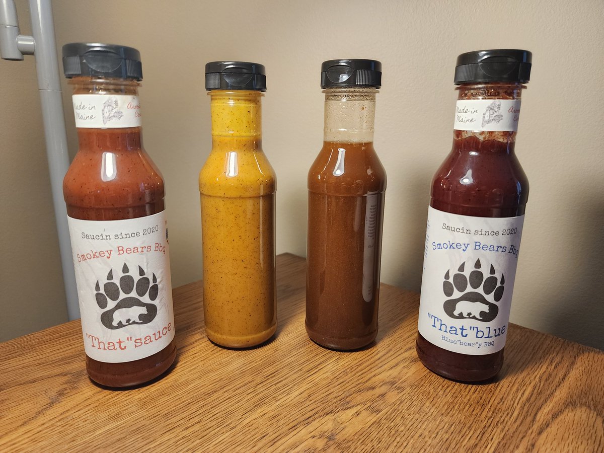 ThomasPeers's tweet photo. "That"sauce, and "That"blue...my signature sauces, the first out the chute. Now I'd like to introduce the next 2 in the lineup, "That"hogwash...a Carolina vinegar based mop and pork sauce; and "That"gold...a Carolina mustard with some heat and some tang. A great dipping sauce! https://t.co/AIeBP7rucF