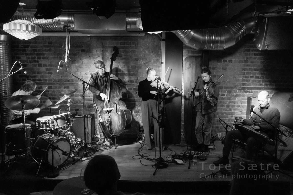 Morgonrode at Kafe Hærverk in October 2022. Lineup: Helga Myhr (hardanger fiddle and vocal), Rasmus Kjorstad (langeleik), Andreas Skår Winther (drums), Selma French Bolstad (Hardanger fiddle and vocal) and Fredrik Luhr Dietrichson (double bass). #morgonrode #folkjazz #kafehærverk