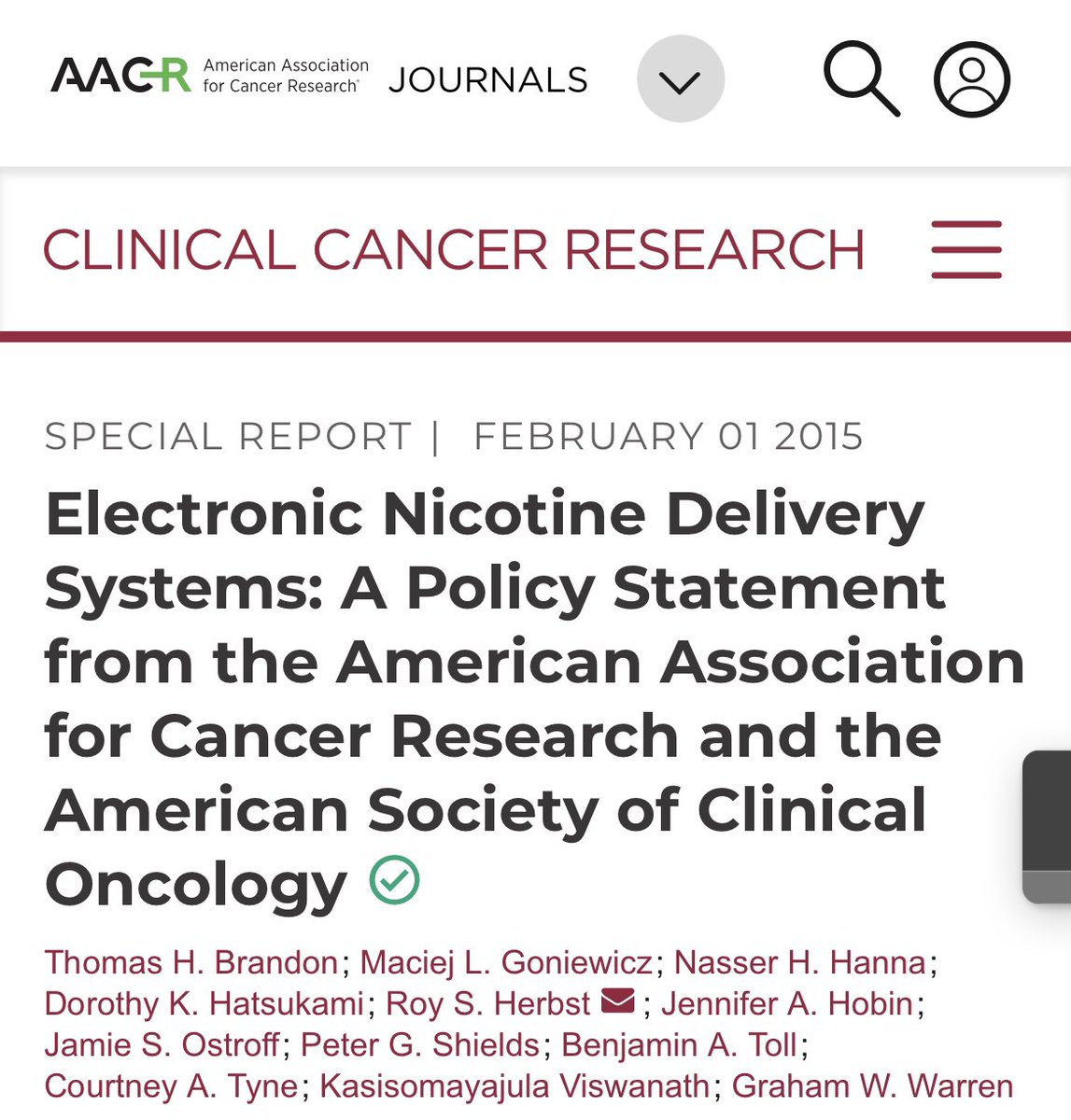 🔥🚨Hot off the press @JCO_ASCO & @CCR_AACR; Joint policy statement by @ASCO & @AACR on Electronic #Nicotine Delivery Systems, outlining latest research in this area & recommendations for regulating these products to protect #PublicHealth. @OncoAlert 👇🏼 ascopubs.org/doi/full/10.12…