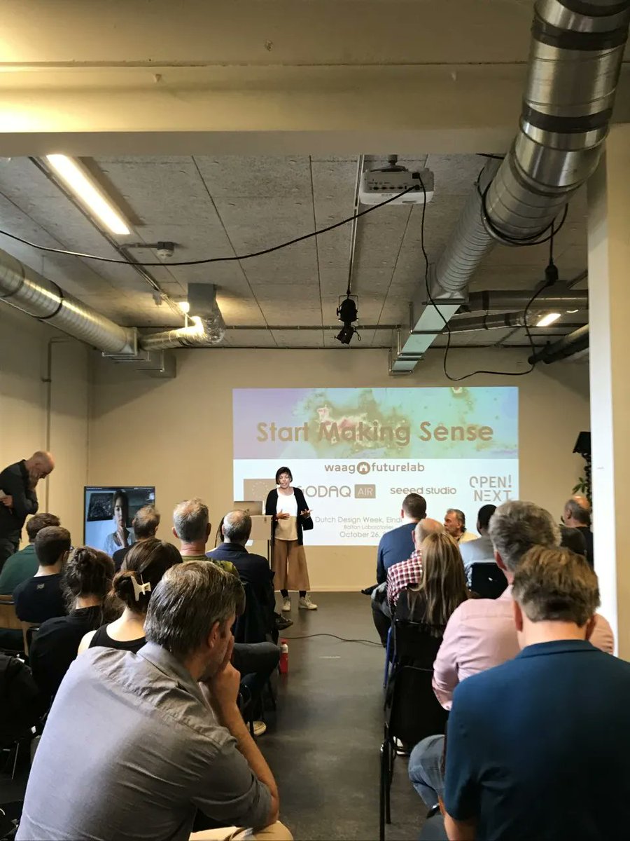 waag's tweet photo. Full house at Waag Talks: Start Making Sense! Emma Pareschi kicks off the Citizen Stage. How can we put citizens at the center of design and environmental sensing? #dutchdesignweek #openhardware #environmentalsensing https://t.co/dbeUJARAaV