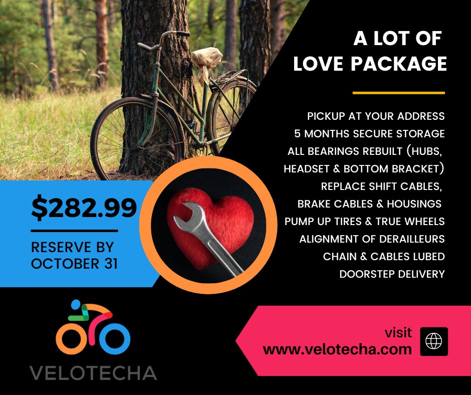 VeloTecha's tweet photo. Love your #bike? Does it need a lot of love before the next #cycling season?

Book Velotecha's Lot of Love package and store your bike for the #winter and we'll return it better than new in April 2023. Visit https://t.co/pNUlYlrZZe to book now!

#Winnipeg #Bikes #BikeWpg #YWG https://t.co/oSTd7S5Fhu