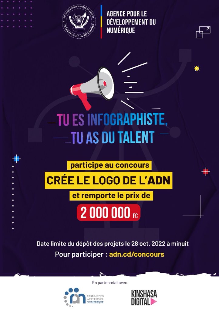 AdnRdc's tweet photo. À tous les candidats au concours, il ne reste plus que quelques heures pour le dépôt de vos propositions de logo. Déjà plus de 200 projets reçus!Félicitations aux infographistes congolais pour leur créativité. Deadline ce soir à minuit! #ADN #logo #concours https://t.co/GIFDXrMe87