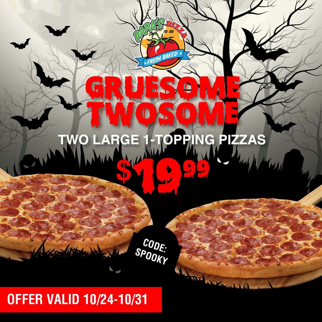Don't miss it. Only a few days left. 
Two large, 1-Topping Pizzas for $19.99
Order now:
papaspizzatogo.com