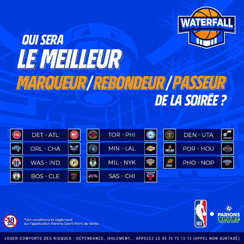 ParionsSport's tweet photo. 🌊 IT'S #WATERFALL TIME ! 🌊
𝐃𝐢𝐬𝐩𝐨 𝐬𝐮𝐫 𝐭𝐨𝐧 𝐚𝐩𝐩 #𝐏𝐨𝐢𝐧𝐭𝐝𝐞𝐕𝐞𝐧𝐭𝐞

Pronostique le meilleur marqueur, le meilleur rebondeur et le meilleur passeur de la soirée, et tu peux remporter 𝟏𝟎𝟎𝟎€ !

En plus, @TrashTalk_fr &amp; @ABallNeverLies vont venir t'aider 🤝