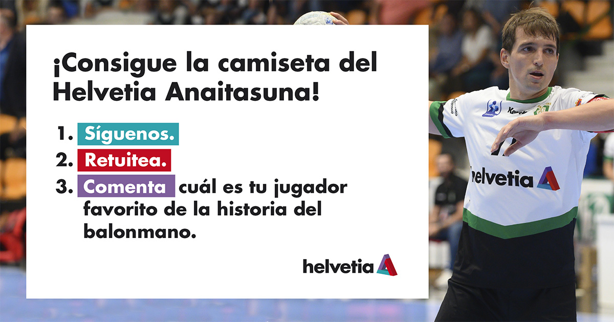 📢SORTEO ¡Consigue la camiseta del #Helvetia <a href="/AnaitasunaBM/">ANAITASUNA</a>!

☑️Síguenos. 
☑️RT esta foto. 
☑️Comenta cuál es tu jugador favorito de toda la historia del balonmano, sea del equipo que sea. 

¡Participa hasta el 4 de noviembre! 

Bases: helvetia.es/noticias/sorte…